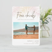Palm Tree Beach Free Drinks Foto Wedding Save The Date (Stehend Vorderseite)