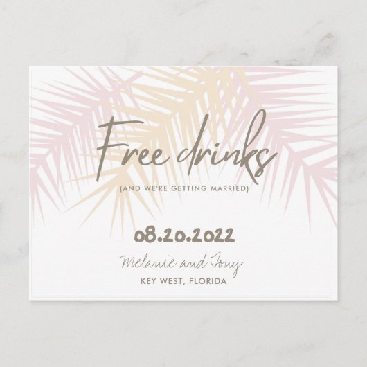 Palm Tree Beach Freie Getränke Hochzeiten sparen d Ankündigungspostkarte (Vorderseite)