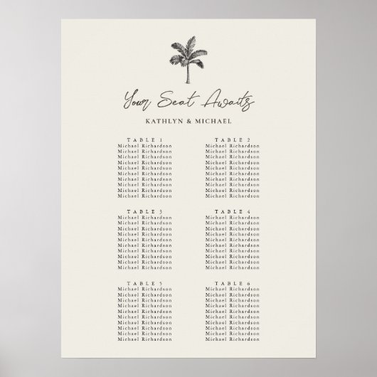 Palm Tree Beach Hochzeit 6 Tischsitzkarten Poster (Vorne)