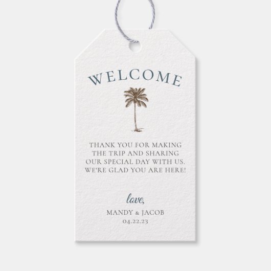 Palm Tree Beach Hochzeitungs-Begrüßungstasche Geschenkanhänger (Vorderseite)