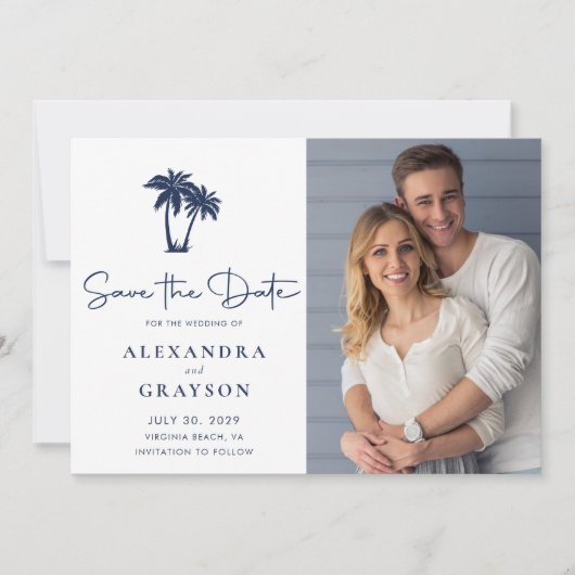 Palm Tree Beach Navy Hochzeit speichern das Datum Save The Date (Vorderseite)