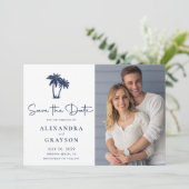 Palm Tree Beach Navy Hochzeit speichern das Datum Save The Date (Stehend Vorderseite)