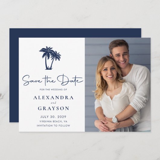 Palm Tree Beach Navy Hochzeit speichern das Datum Save The Date (Vorne/Hinten)