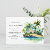 Palm Tree Beach Tropical Island Wedding Einladung (Stehend Vorderseite)