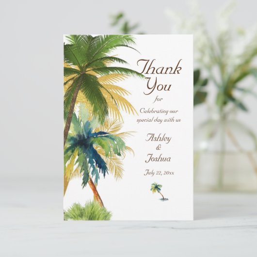 Palm Tree Beach Wedding Dankeskarte (Stehend Vorderseite)