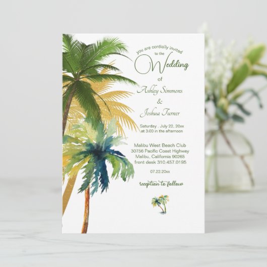 Palm Tree Beach Wedding Einladung (Stehend Vorderseite)