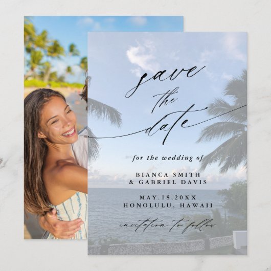 Palm Tree Beach Wedding Foto Save The Date (Vorne/Hinten)