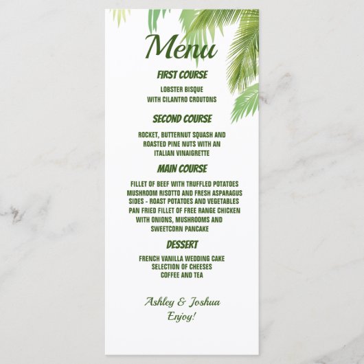 Palm Tree Beach Wedding Menu Menükarte (Vorderseite)