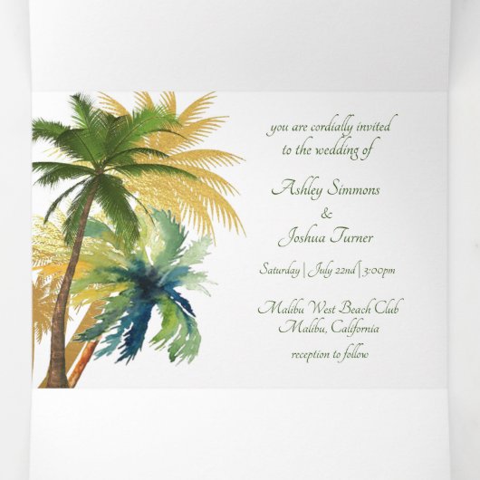Palm Tree Beach Wedding Tri-Fold Dreifach Gefaltete Einladung (Innenseite Mitte)