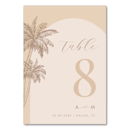 Palm Tree Beige Script Monogram Beach Wedding Tischnummer (Vorderseite)