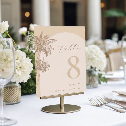 Palm Tree Beige Script Monogram Beach Wedding Tischnummer