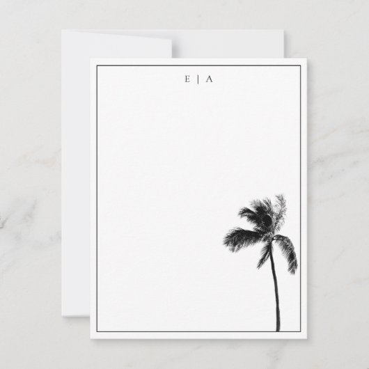 Palm Tree Black & White Minimalistisch Monogram Mitteilungskarte (Vorderseite)
