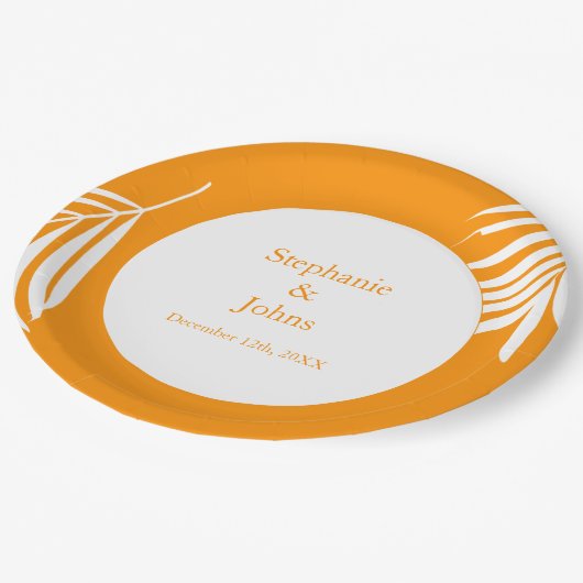 Palm Tree Blätter Orange Art Tropical Coole Hochze Pappteller (Schrägansicht)