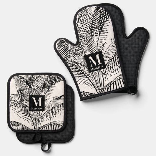 Palm Tree Blätter Schwarz-Weiß-Abstrakte Monogramm Ofenhandschuh & Topflappen-Set (Vorderseite/Rückseite)
