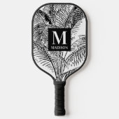 Palm Tree Blätter Schwarz-Weiß-Abstrakte Monogramm Pickleball Schläger (Vorderseite)