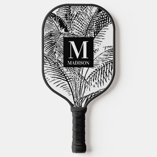 Palm Tree Blätter Schwarz-Weiß-Abstrakte Monogramm Pickleball Schläger (Vorderseite)