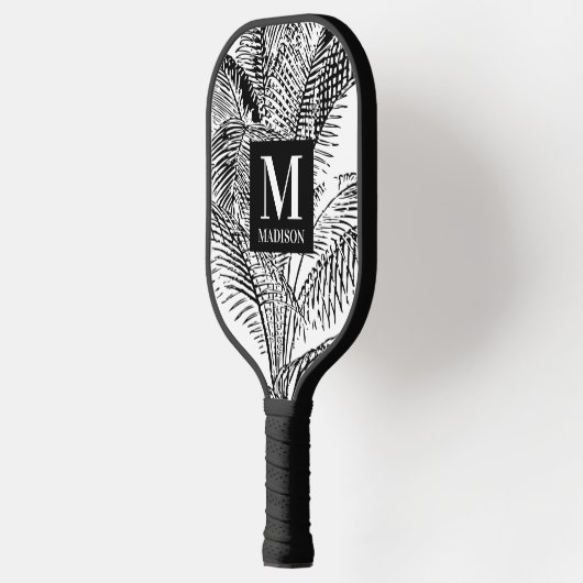 Palm Tree Blätter Schwarz-Weiß-Abstrakte Monogramm Pickleball Schläger (Links)