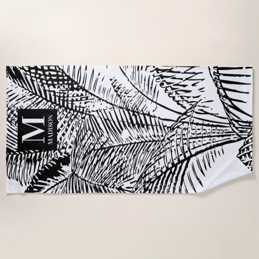 Palm Tree Blätter Schwarz-Weiß-Abstrakte Monogramm Strandtuch (Vorderseite)