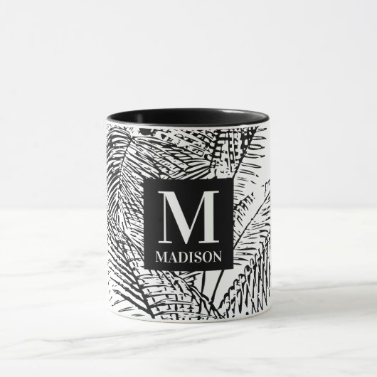 Palm Tree Blätter Schwarz-Weiß-Abstrakte Monogramm Tasse (Zentrum)