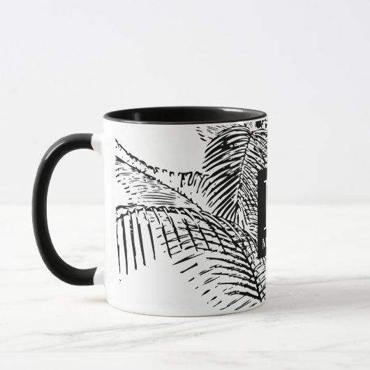 Palm Tree Blätter Schwarz-Weiß-Abstrakte Monogramm Tasse (Links)
