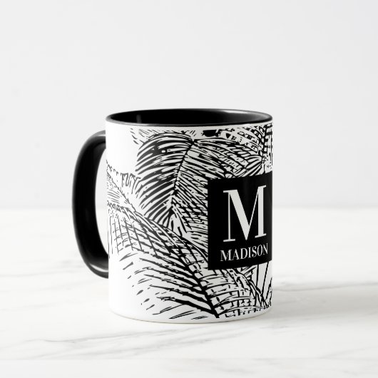 Palm Tree Blätter Schwarz-Weiß-Abstrakte Monogramm Tasse (Vorderseite Links)