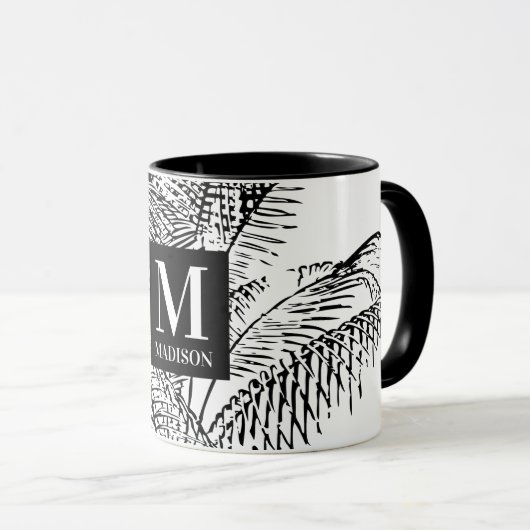 Palm Tree Blätter Schwarz-Weiß-Abstrakte Monogramm Tasse (VorderseiteRechts)