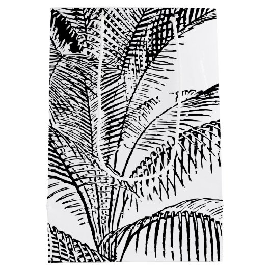 Palm Tree Blätter Schwarz-Weiß Abstraktes Muster Mittlere Geschenktüte (Rückseite)