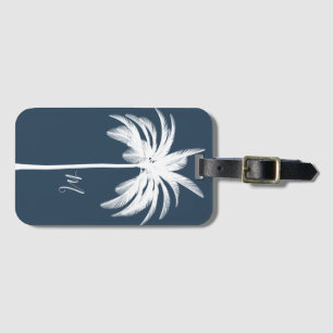 Palm Tree Blau Weiße Tropische Elegante Monogramm Gepäckanhänger
