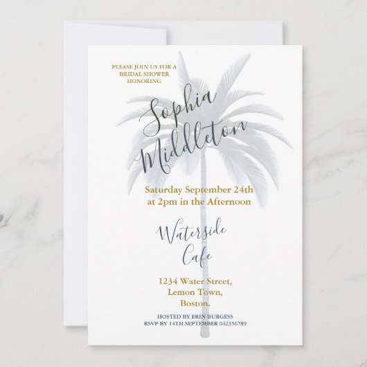 Palm Tree Blaues tropisches Brautparty Einladung (Vorderseite)