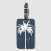 Palm Tree Blue White Tropical Elegant Monogram Gepäckanhänger (Vorderseite Vertikal)