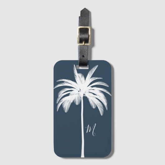 Palm Tree Blue White Tropical Elegant Monogram Gepäckanhänger (Vorderseite Vertikal)