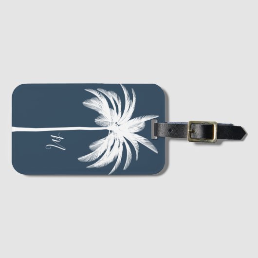 Palm Tree Blue White Tropical Elegant Monogram Gepäckanhänger (Vorderseite (Horizontal))