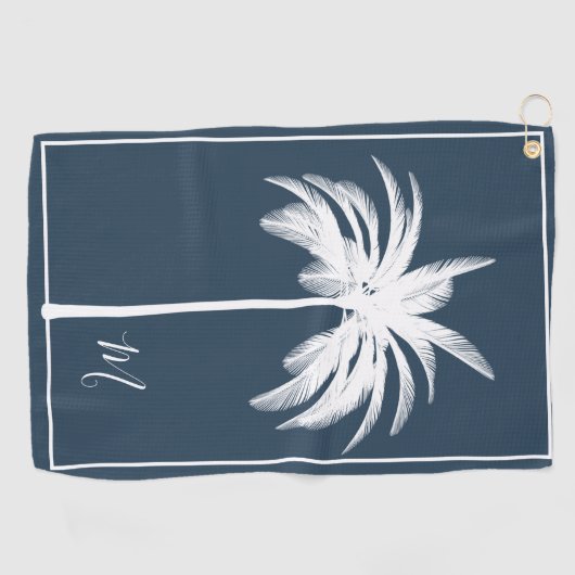 Palm Tree Blue White Tropical Elegant Monogram Golfhandtuch (Horizontal)