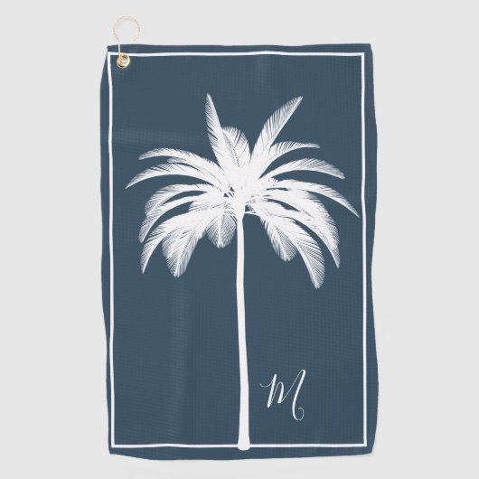 Palm Tree Blue White Tropical Elegant Monogram Golfhandtuch (Vorderseite)