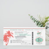 Palm Tree Boarding Pass auf Zypern Hochzeit Einladung (Stehend Vorderseite)