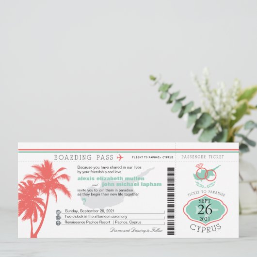 Palm Tree Boarding Pass auf Zypern Hochzeit Einladung (Stehend Vorderseite)