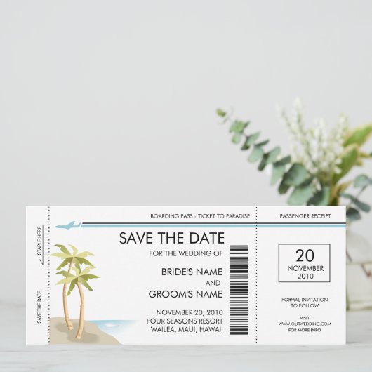 Palm Tree Boarding Pass Save the Date Einladungen (Stehend Vorderseite)