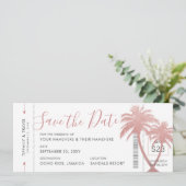 Palm Tree Boarding Pass Ticket Rose Gold Pink Save The Date (Stehend Vorderseite)