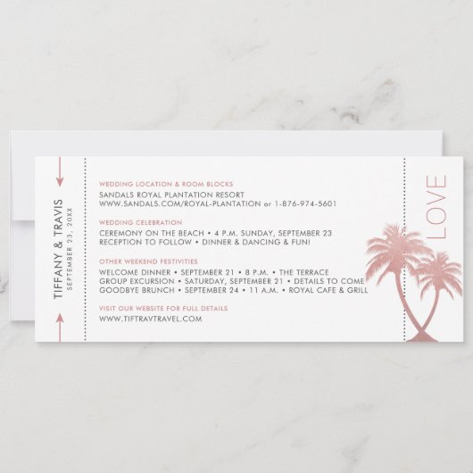 Palm Tree Boarding Pass Ticket Rose Gold Pink Save The Date (Rückseite)