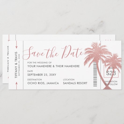 Palm Tree Boarding Pass Ticket Rose Gold Pink Save The Date (Vorne/Hinten)
