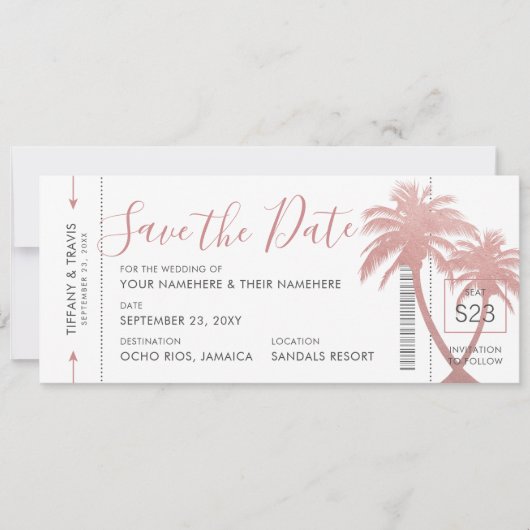 Palm Tree Boarding Pass Ticket Rose Gold Pink Save The Date (Vorderseite)