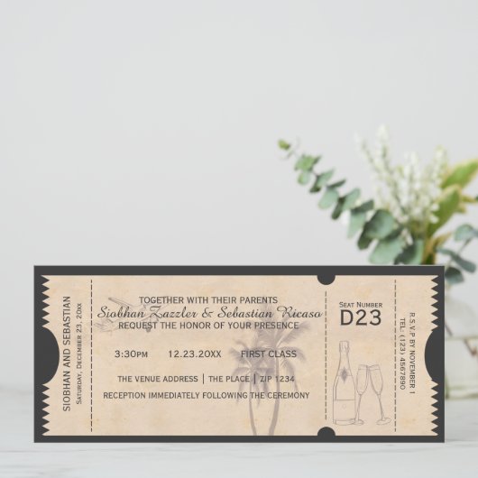 Palm Tree Boarding Pass Wedding Ticket Einladung (Stehend Vorderseite)