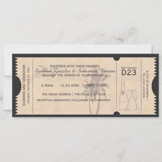 Palm Tree Boarding Pass Wedding Ticket Einladung (Vorderseite)