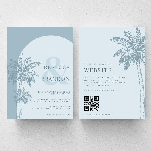 Palm Tree Boho Beach Dusty Blue QR Code Wedding Einladung