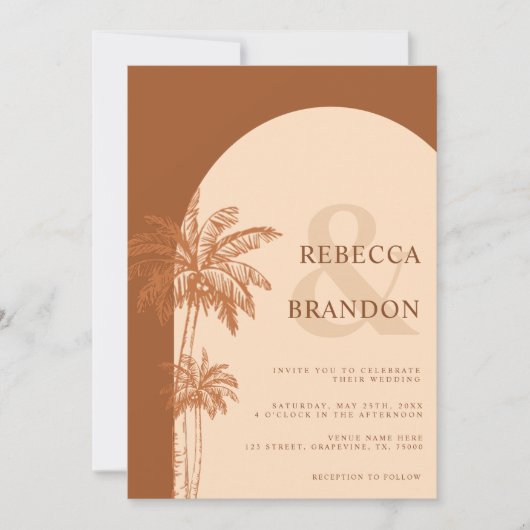 Palm Tree Boho Beach Terracotta QR Code Wedding Einladung (Vorderseite)