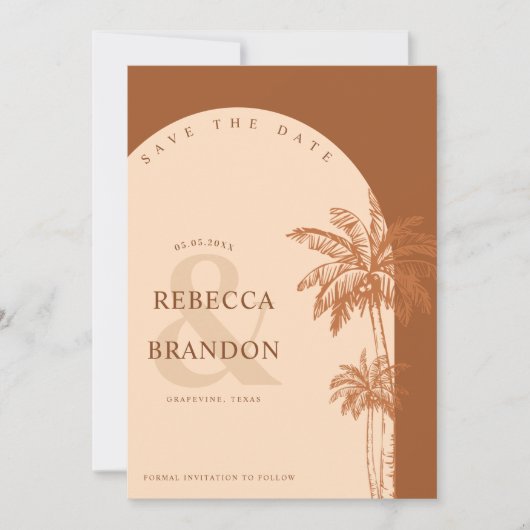 Palm Tree Boho Beach Terracotta QR Code Wedding Save The Date (Vorderseite)