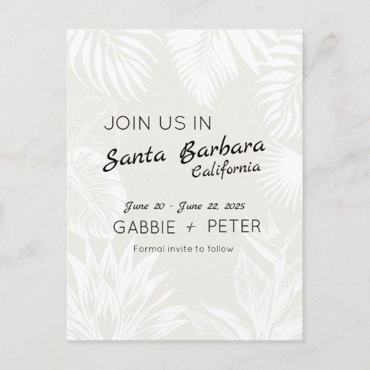 Palm Tree Botanische Typografie Save the Date saub Postkarte (Vorderseite)
