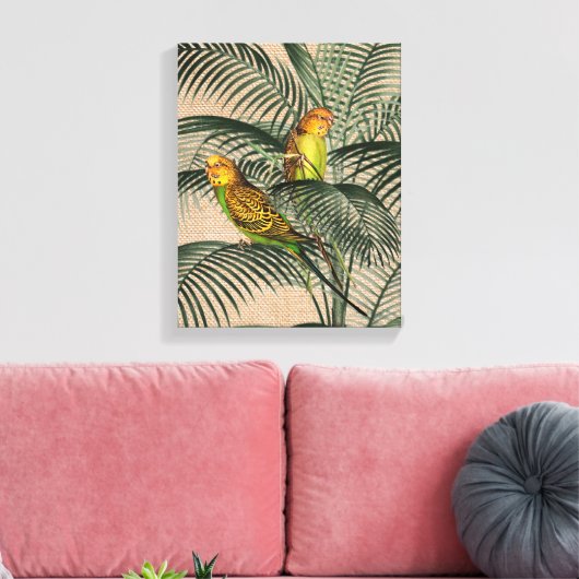 Palm Tree Budgerigar Parrot Rustikale hessische Le Leinwanddruck (Insitu (Wohnzimmer))