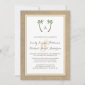 Palm Tree Burlap Beach Tropical Wedding Einladung (Vorderseite)