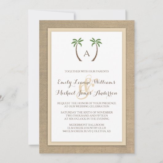 Palm Tree Burlap Beach Tropical Wedding Einladung (Vorderseite)